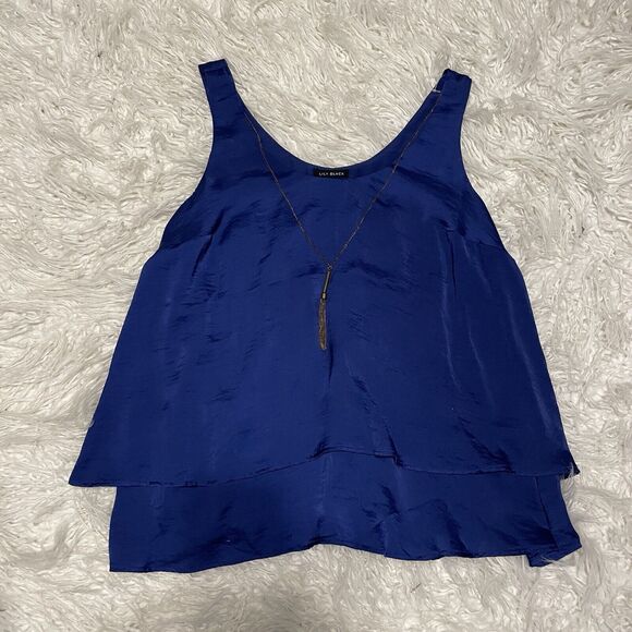 Lily Black Sleeveless Tank Blouse Size XL Blue With Chain - Picture 1 of 4